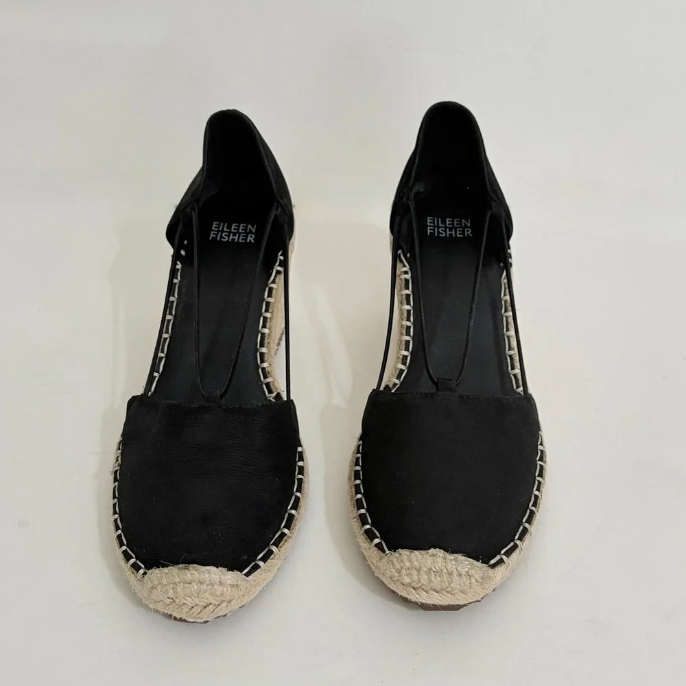 EILEEN FISHER Black Tumbled Nubuck Espadrilles Shoes Wedge Heels Size 6.5